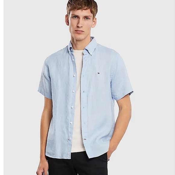 TOMMY HILFIGER PREMIUM SHORT SLEEVE Baby Blue Cotton SHIRT men’s size L - Picture 1 of 10